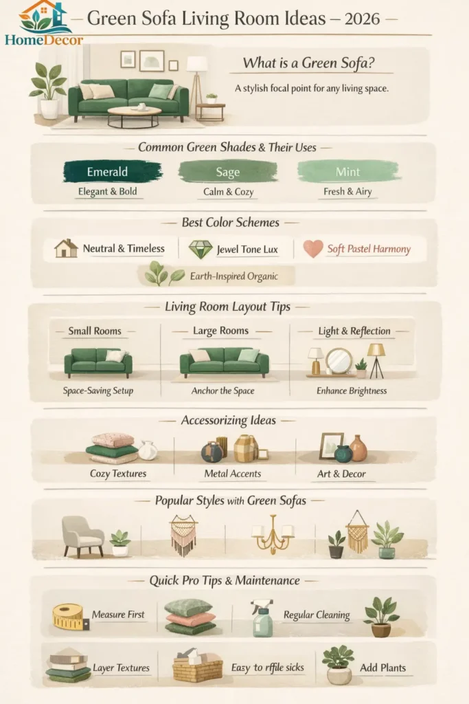 "Vertical infographic showing Green Sofa Living Room Ideas 2026 with tips on color schemes, layout,  options, popular styles, and maintenance for modern interiors."