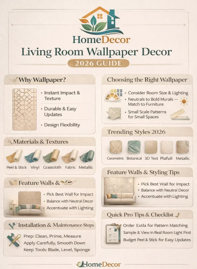 "Infographic showing the complete 2026 guide to living room wallpaper decor, including choosing materials, trending styles, feature wall tips, installation steps, and maintenance advice."