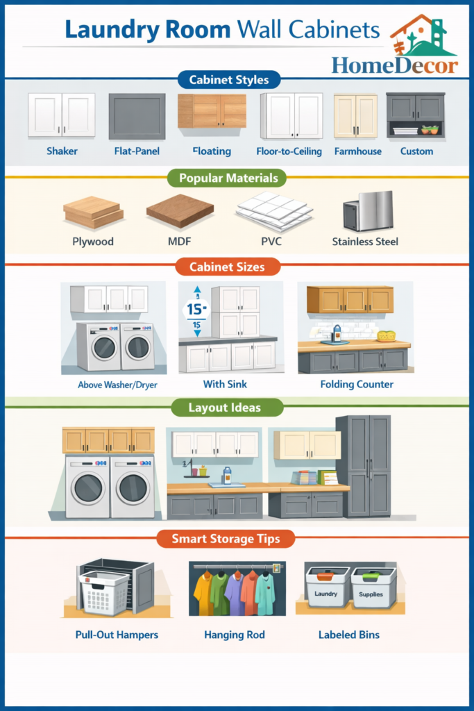 "Infographic showing types, sizes, materials, layouts, and storage tips for laundry room wall cabinets."
