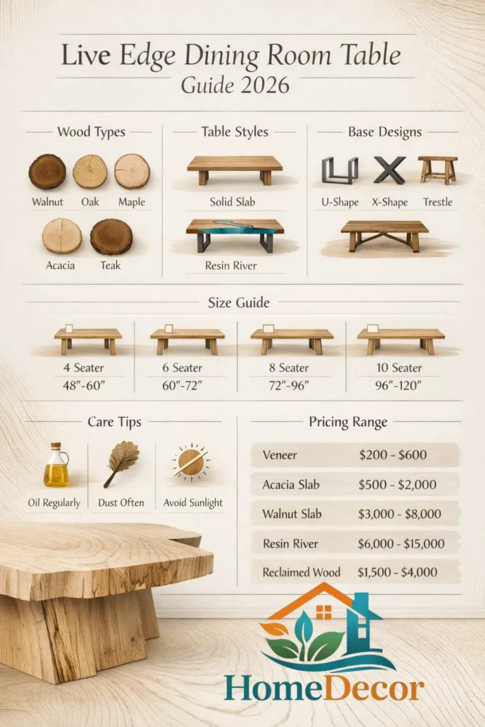 “2026 Live Edge Dining Room Table infographic manifest  wood types, styles, size guide, bases, care tips, and price ranges.”