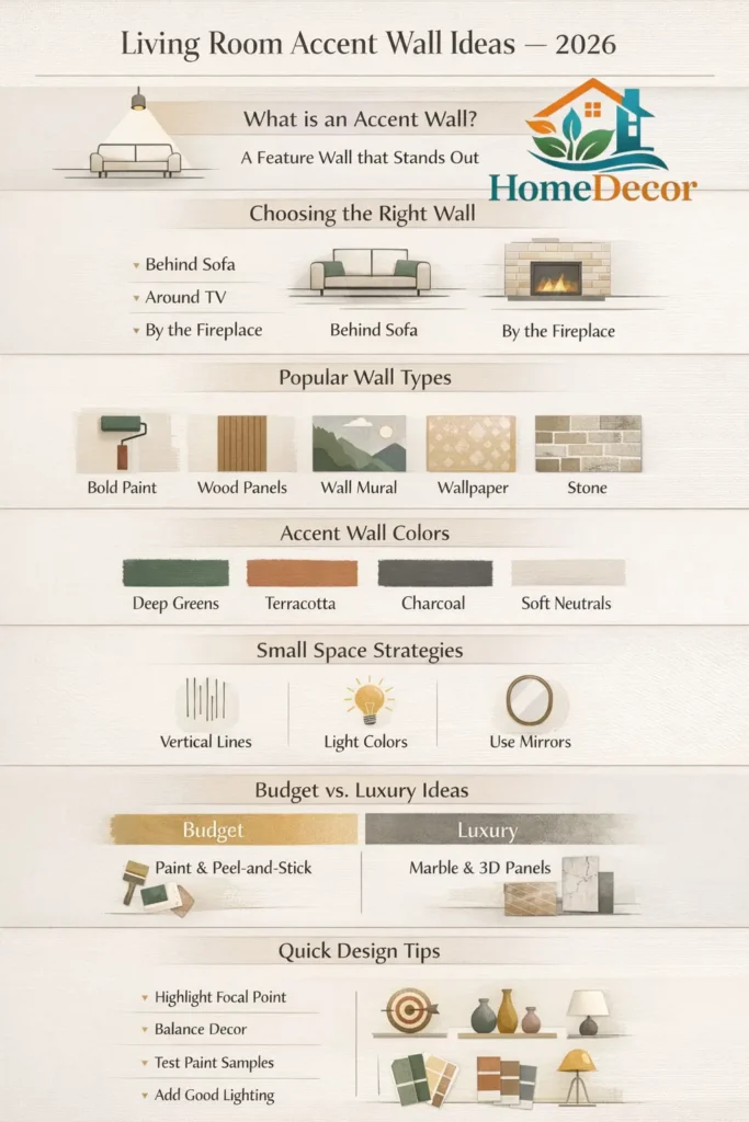 "Infographic showing 25 living room accent wall ideas for 2026, including wall types, colors, small space strategies, budget-friendly and luxury tips."