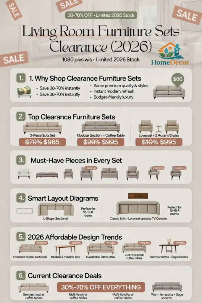 A stylish infographic showing living room furniture sets clearance deals for 2026, featuring sofas, sectionals, coffee tables, and budget-friendly decorating ideas.