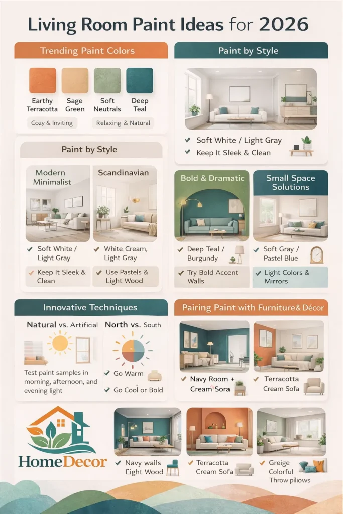 "Infographic illustrating 2026 living room paint ideas with trending colors, style-based recommendations, lighting tips, innovative techniques, and décor pairings."