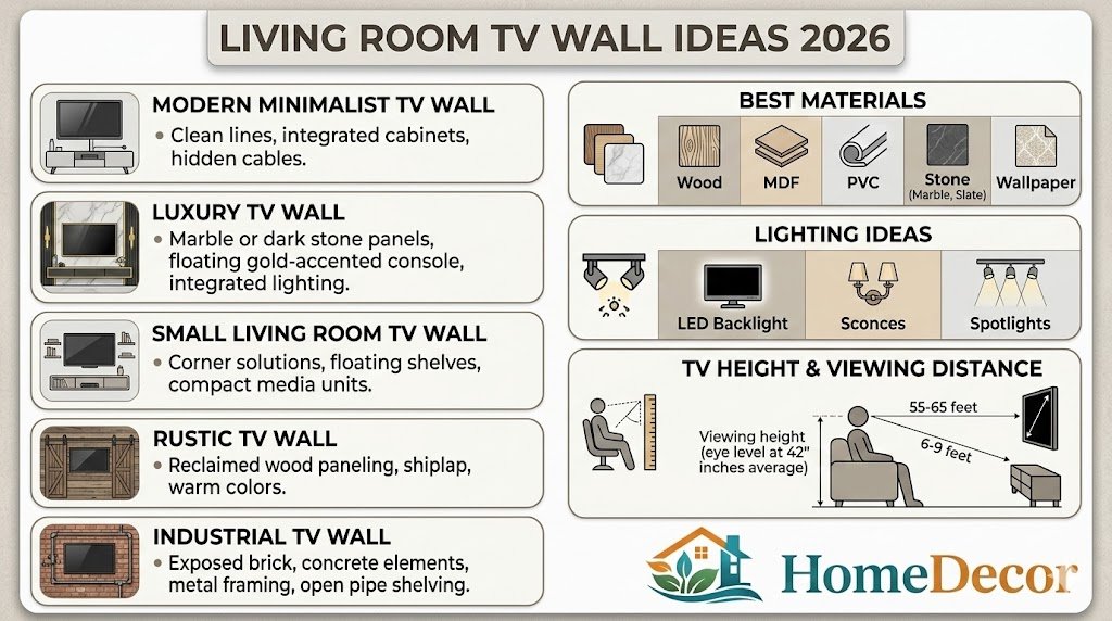 “Infographic showing modern 2026 living room TV wall ideas, including minimalist designs, luxury marble walls, small-space layouts, rustic slat panels, industrial concrete walls, lighting tips, and optimal TV height recommendations.”