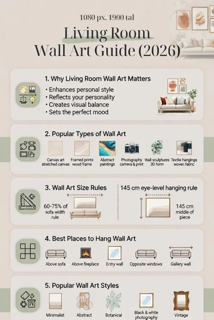 Living room wall art guide infographic showing wall art size rules, placement tips, gallery wall layouts, decor styles, and 2026 wall art trends for modern living rooms.
