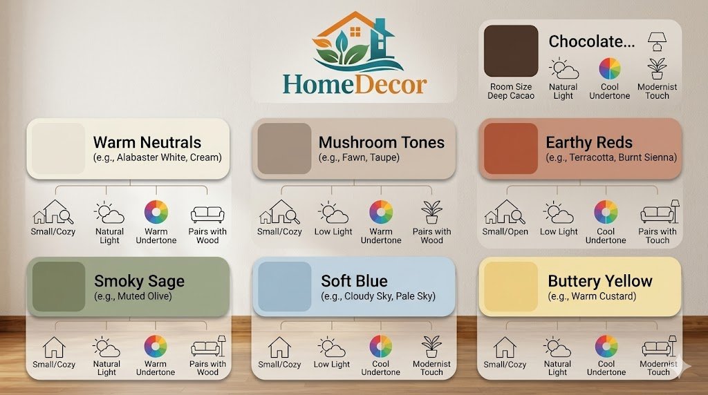 “Infographic showing the top living room wall colors for 2026, including warm neutrals, earthy reds, mushroom tones, soft blues, and sage greens with lighting and room-size tips.”