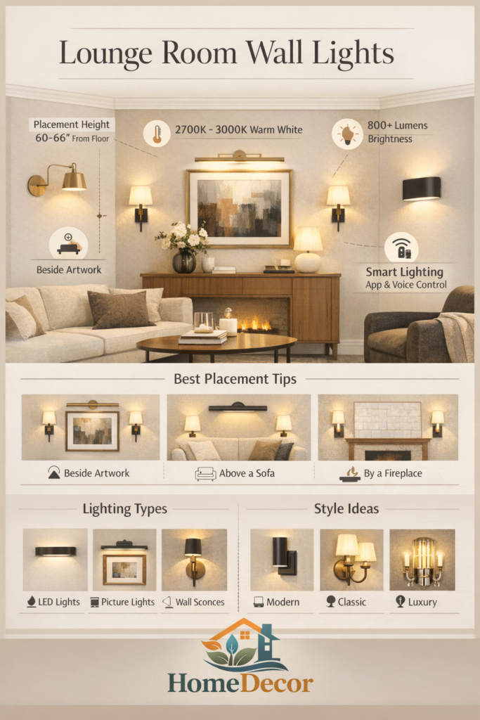Infographic showing lounge room wall lights, placement tips, colour temperature, dimmers, LED options, and stylish living room lighting ideas.