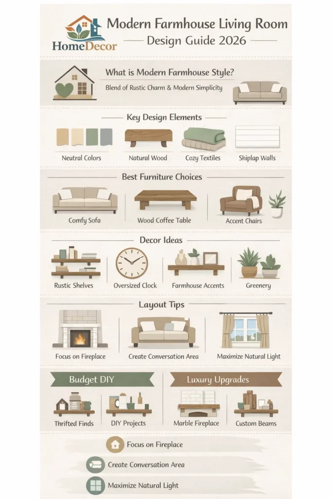 Infographic showing the complete 2026 guide to modern farmhouse living room design, including colors, furniture, decor ideas, layout tips, and farmhouse style trends.