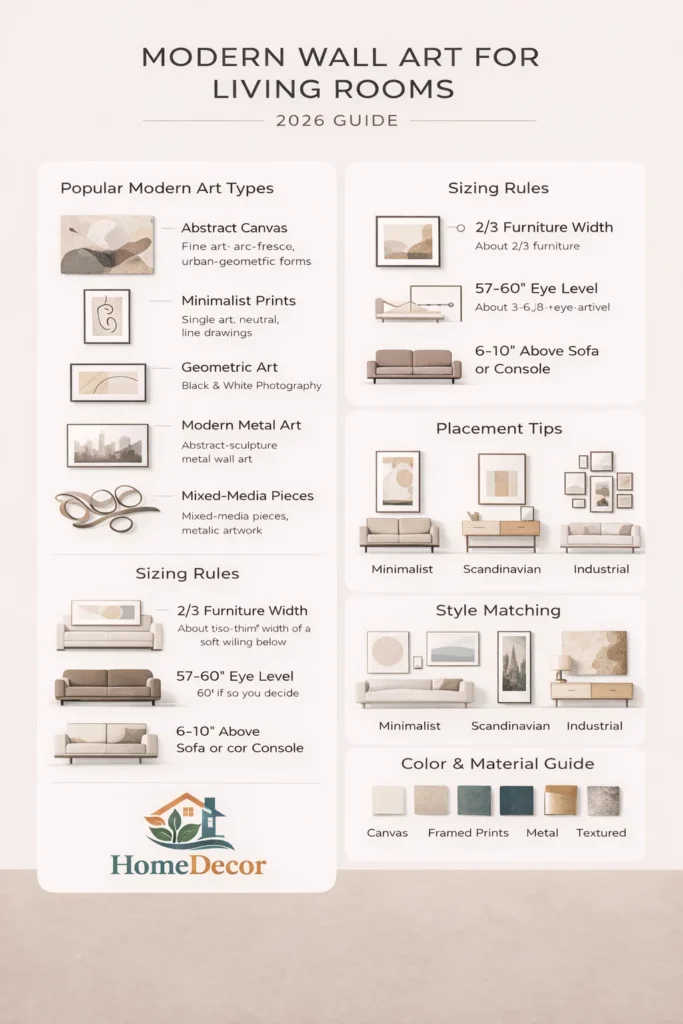 “Modern wall art infographic with sizing rules, placement tips, art styles, and CAPVIBEO logo.”