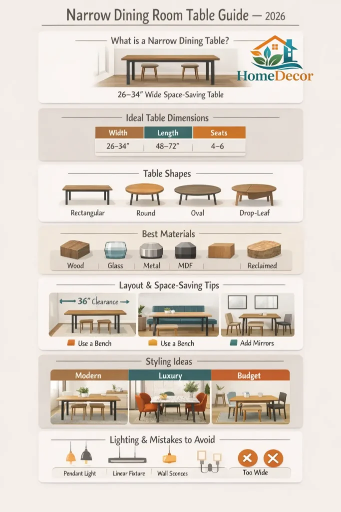 "Vertical infographic showing the 2026 narrow dining room table guide: dimensions, table shapes, materials, space-saving layout tips, styling ideas, lighting tips, and common design mistakes."