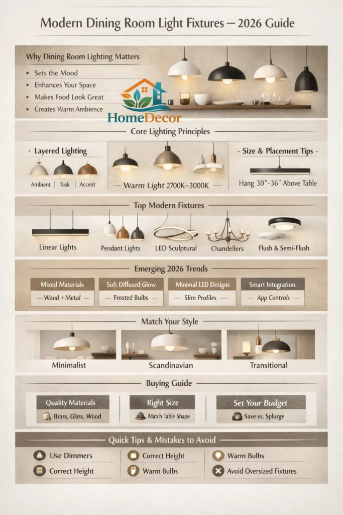 Vertical infographic showing modern dining room light fixtures for 2026, including types, trends, style tips, buying guide, and design ideas.
