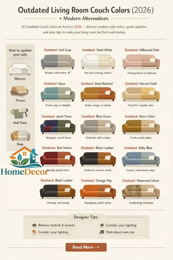 Infographic showing 15 outdated living room couch colors for 2026 with modern alternatives, quick sofa update tips, and designer advice.