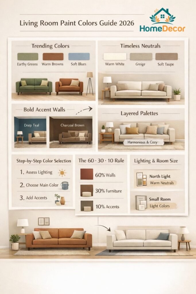 "2026 living room paint colors infographic showing trending palettes, timeless neutrals, bold accent walls, 60-30-10 rule, lighting and room size impact, and step-by-step color selection tips."