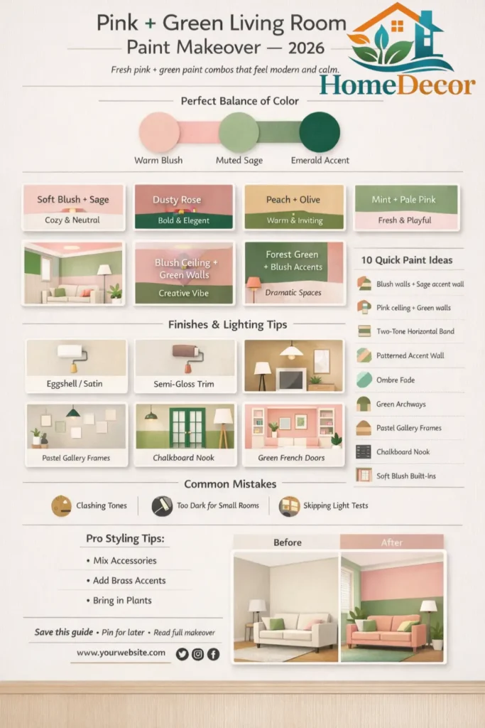 Pink and green living room paint infographic showing color combos, quick ideas, tips, and before/after visuals.