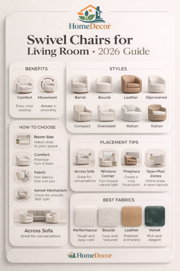 “Modern infographic showing swivel chair styles, buying tips, fabrics, and placement ideas for living room design in 2026, using a clean neutral layout and premium icons.”