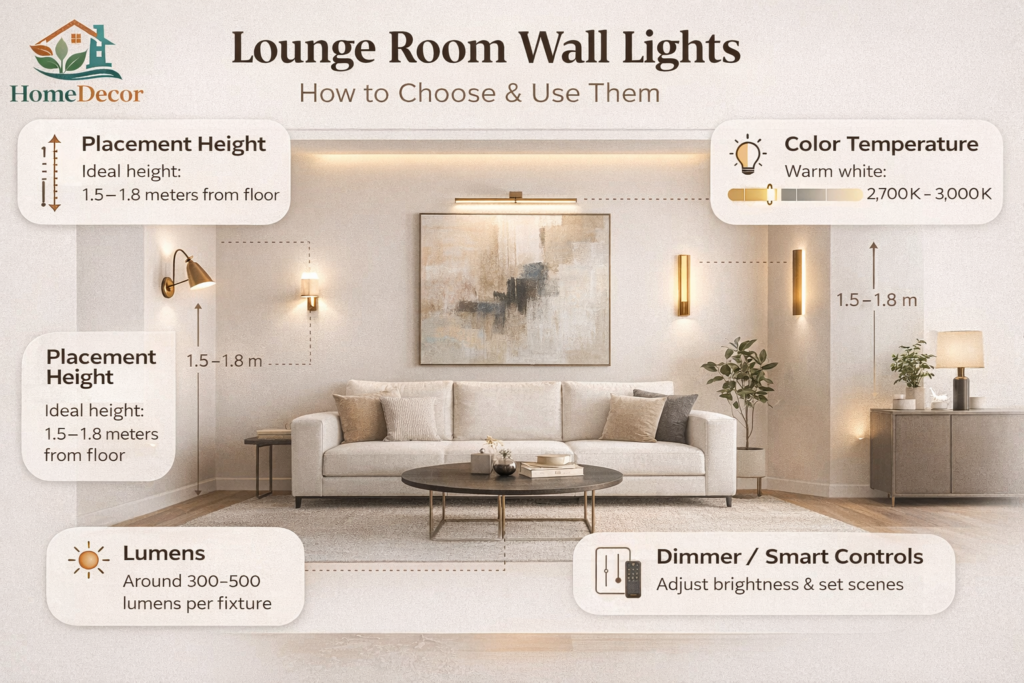 “Modern lounge room wall lights infographic showing sconces, LED wall lights, picture lights, and ambient lighting with placement and color temperature tips.”