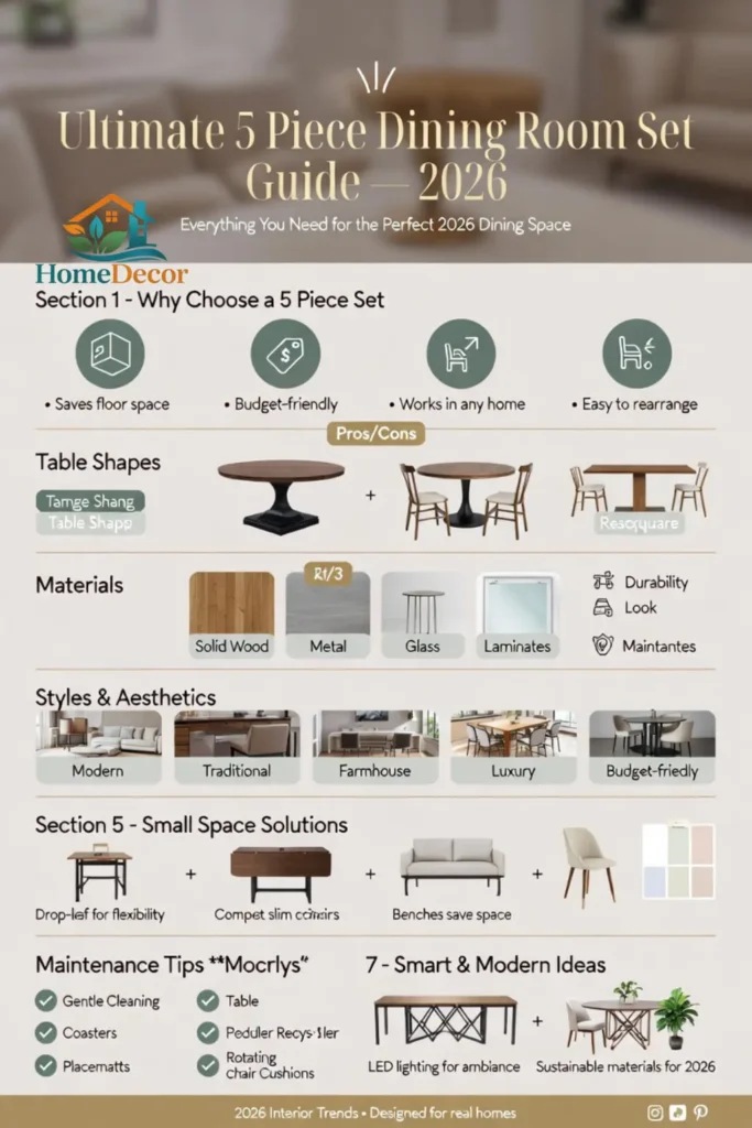 Vertical infographic showing a complete guide to 5-piece dining room sets in 2026, including table shapes, styles, small-space solutions, maintenance tips, and modern design ideas. Perfect for small apartments, first-time homeowners, and stylish dining rooms.