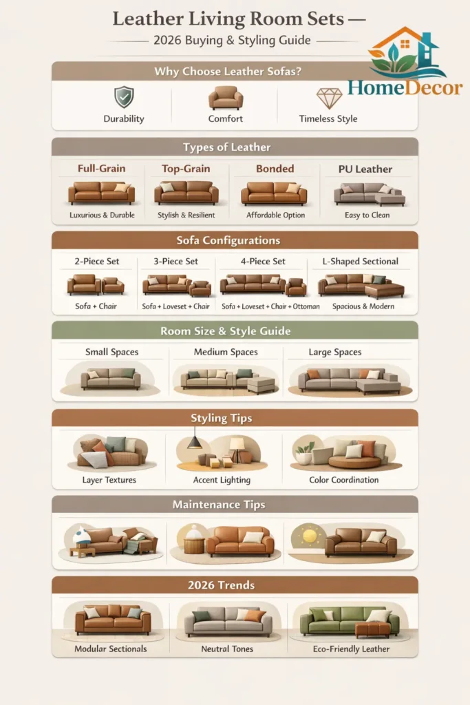 Infographic showing a 2026 guide to leather living room sets with sections on types of leather, sofa configurations, styling tips, carrying-on, and trends.