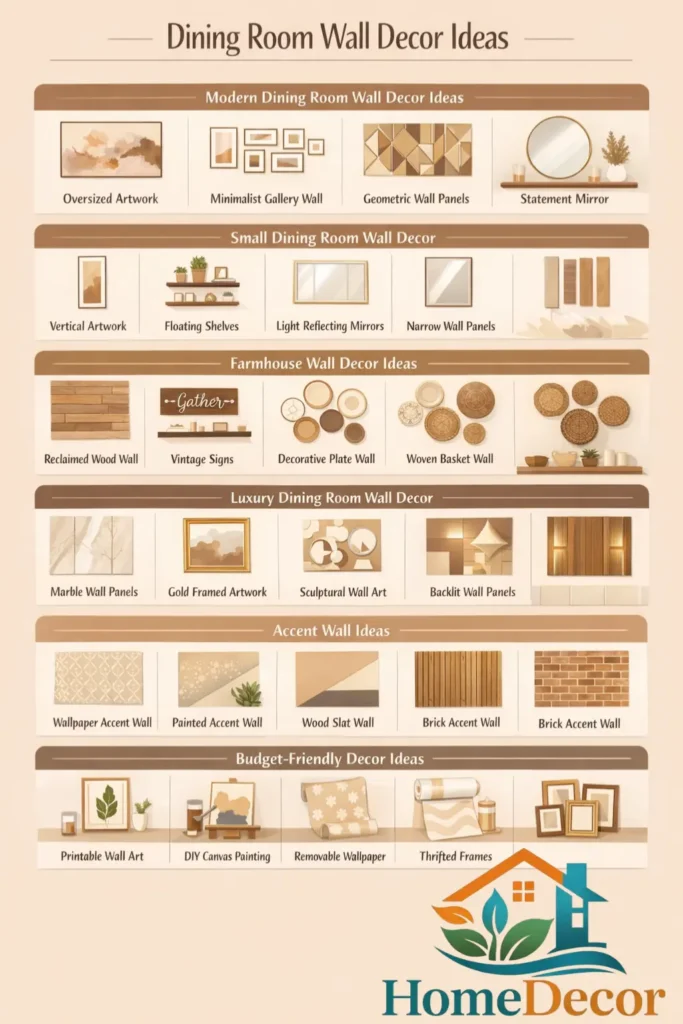 Dining room wall decor ideas infographic showing modern, farmhouse, luxury, accent wall, and budget-friendly dining room wall decorating ideas for stylish interiors.