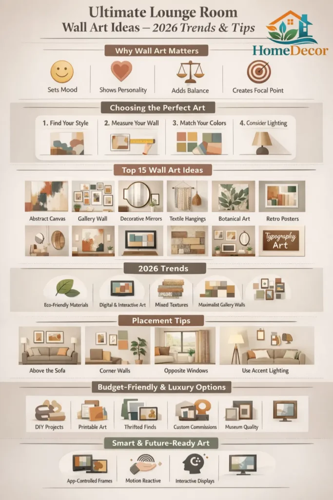  “Infographic displaying ultimate lounge room wall art ideas for 2026, including top trends, placement tips, budget-friendly and luxury options, and smart interactive art solutions.”