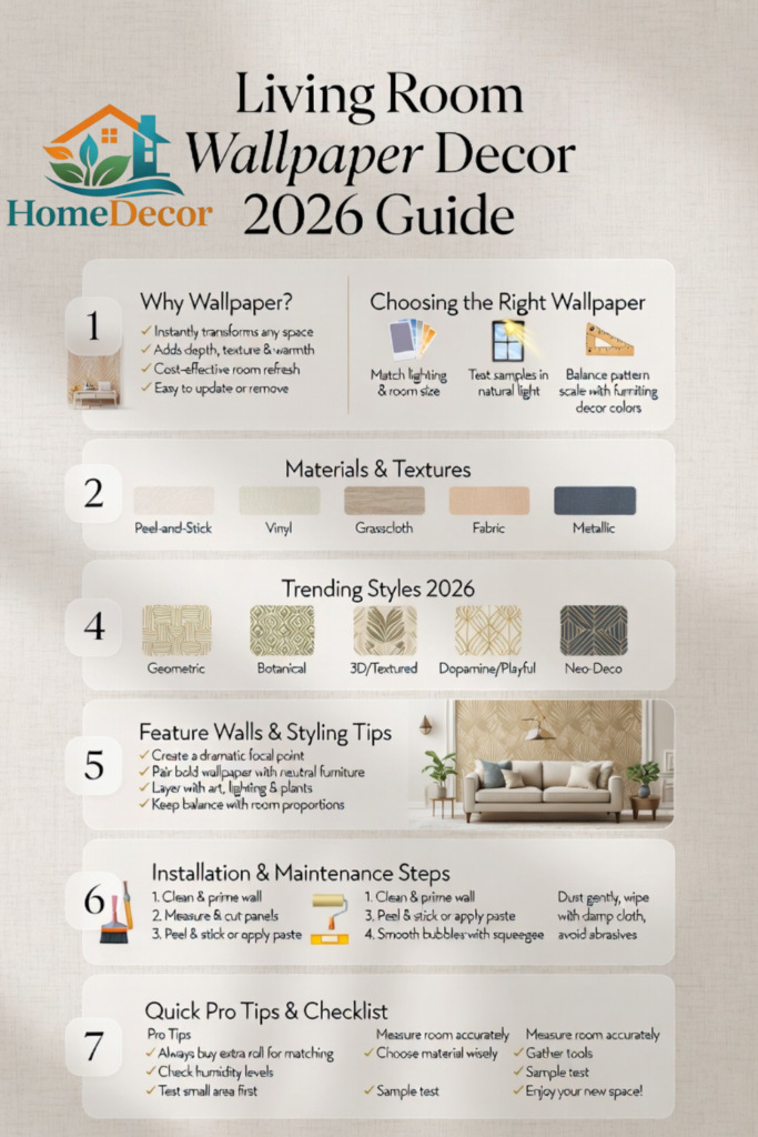 "Infographic showing the complete 2026 guide to living room wallpaper decor, including choosing materials, trending styles, feature wall tips, installation steps, and maintenance advice."