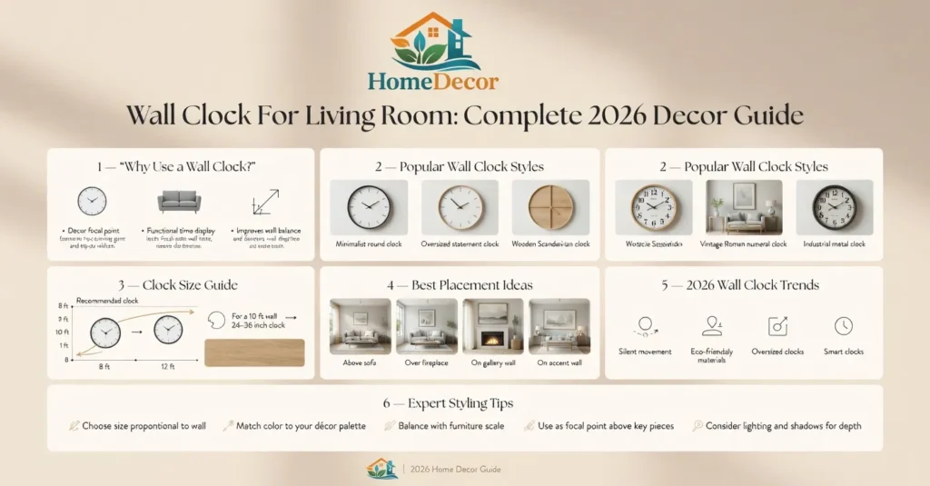 Infographic showing the complete 2026 guide to choosing a wall clock for living room decor, including styles, size guide, placement tips, and modern design trends.