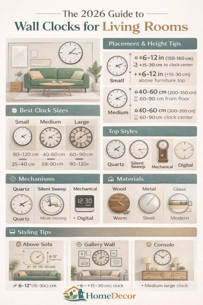 “Infographic 2026 guide to living room wall clocks: sizes, placement, styles, mechanisms, materials, and styling tips for modern interiors.”