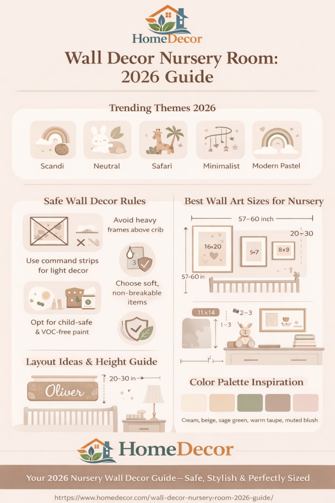 “Modern nursery wall decor infographic showing 2026 design trends, safe wall art placement, gallery wall ideas, and recommended sizes for baby rooms.”