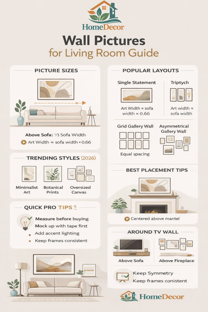 “Infographic showing wall picture sizes, layouts, and 2026 style trends for living room decoration with tips for placement and gallery walls.”
