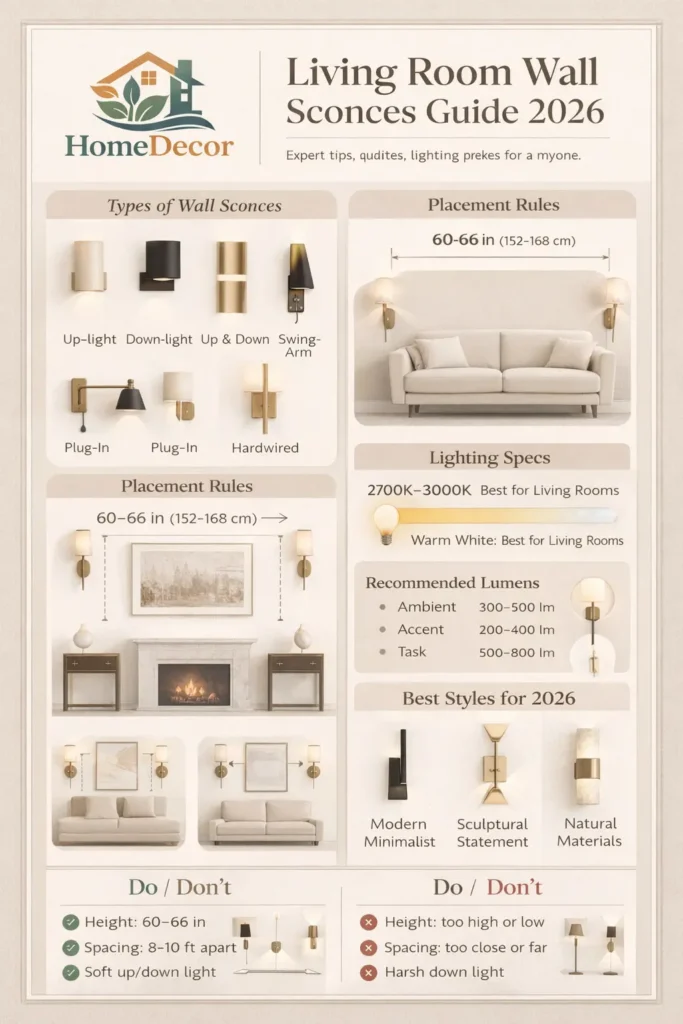 “Infographic guide showing the best wall sconces for living room design in 2026, including sconce types, ideal height and spacing, lighting temperature, and placement rules.”