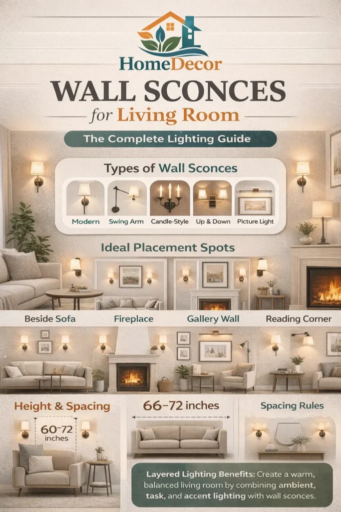 "Wall sconces infographic showing types, placement, height, spacing, and lighting benefits for living rooms."
