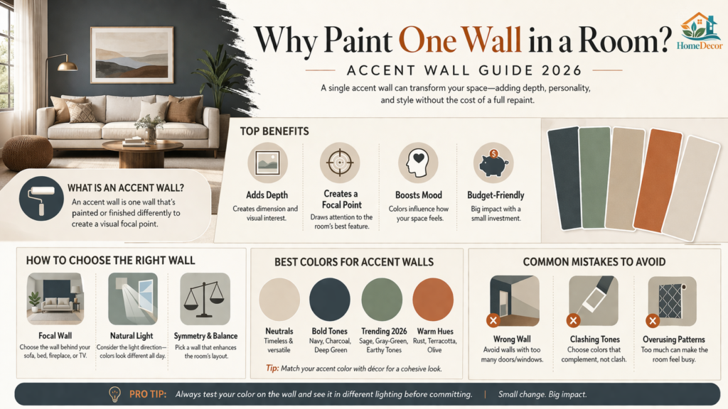 “Modern infographic explaining why you should paint one wall in a room, including accent wall benefits, how to choose the right wall, best colors, and common mistakes 2026 interior design guide.”
