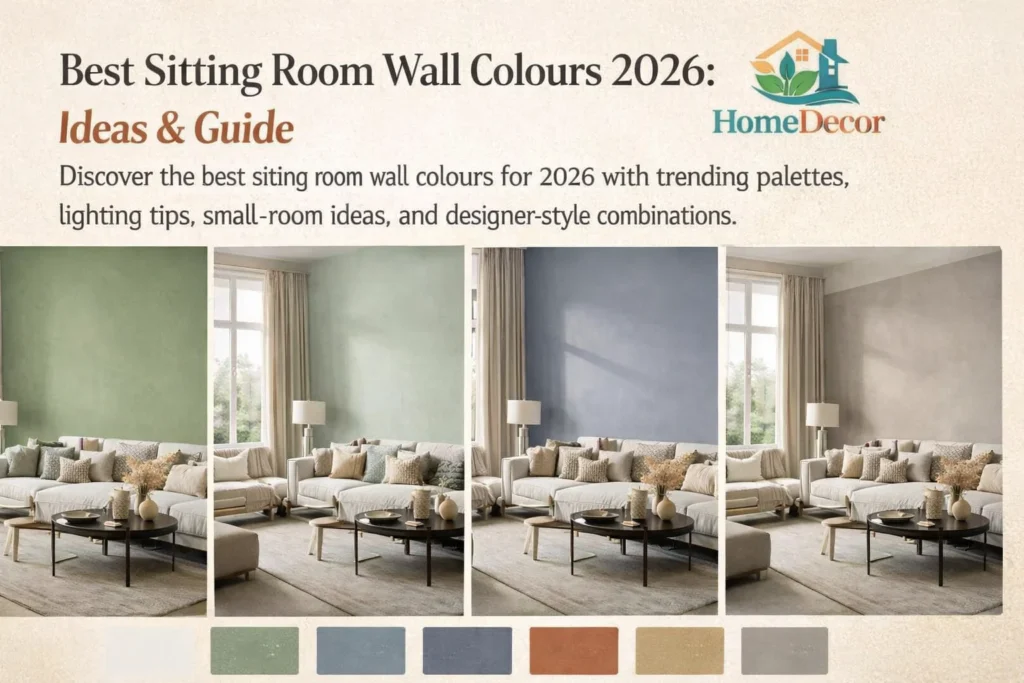 Modern sitting room wall colours 2026 with stylish paint palette ideas and HomeDecor branding.