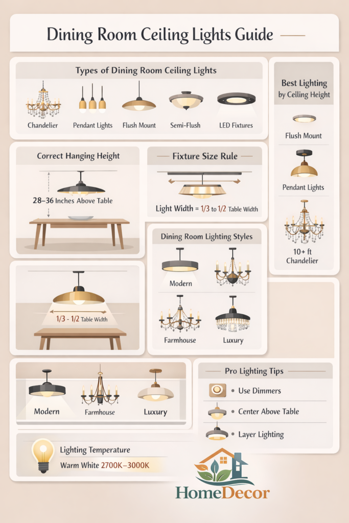 Dining room ceiling lights infographic showing lighting types, hanging height rules, fixture sizing formula, lighting styles, and dining room lighting tips.