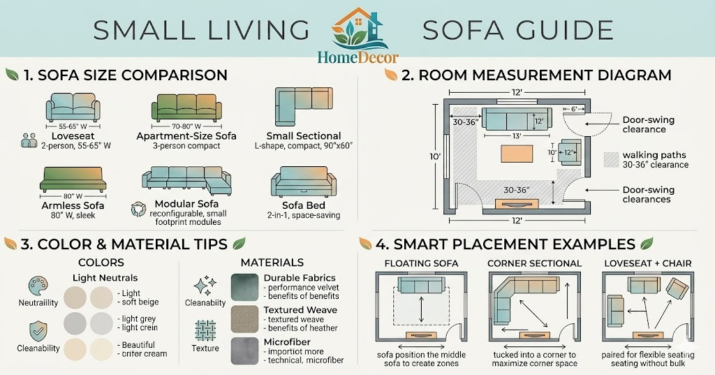 "Infographic showing small living room sofa sizes, placement tips, color choices, and space-saving design ideas."
