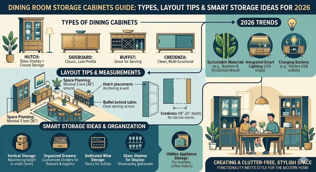 “Dining room storage cabinets infographic showing types like sideboard, buffet, hutch, layout spacing tips, storage ideas, and design styles for modern homes”