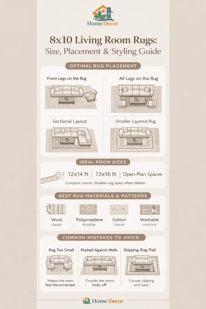 "Infographic showing how to choose and place an 8x10 living room rug with layout diagrams, design tips, and style recommendations."
