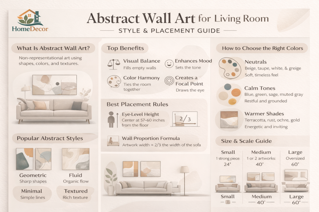 “Modern infographic explaining how to choose and place abstract wall art in the living room, including color tips, sizing rules, and popular styles.”