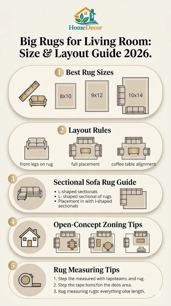 “Infographic showing the best big rug sizes for living rooms, including 8x10, 9x12, and 10x14 rugs, with layout rules for sofas, sectionals, and open-concept spaces.”