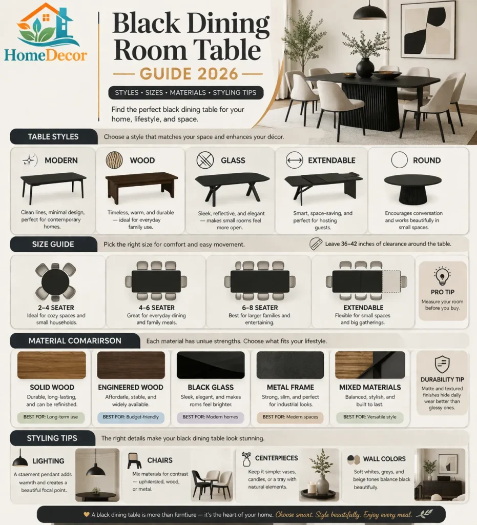 “Modern infographic showing black dining room table styles, size guide, materials, and styling tips in a minimal neutral décor theme.”
