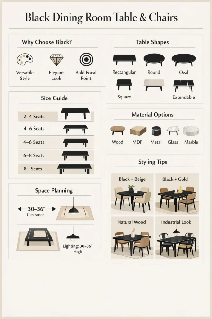  “Modern infographic on black dining room table and chairs with size guide, styles, materials, and 2026 décor tips.”