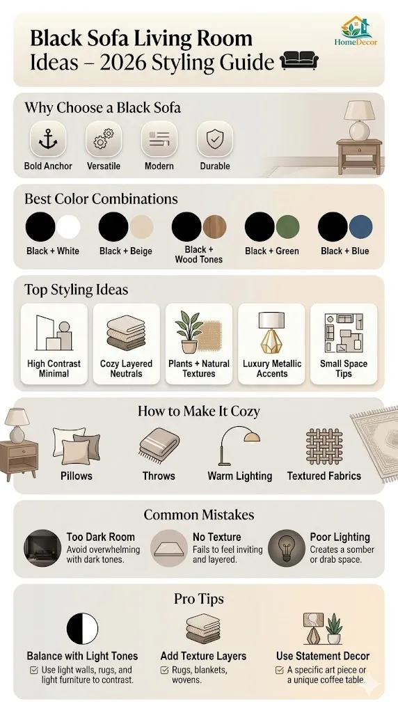 Black sofa living room ideas infographic showing color combinations, styling tips, layout ideas, and cozy decor inspiration for modern interiors.
