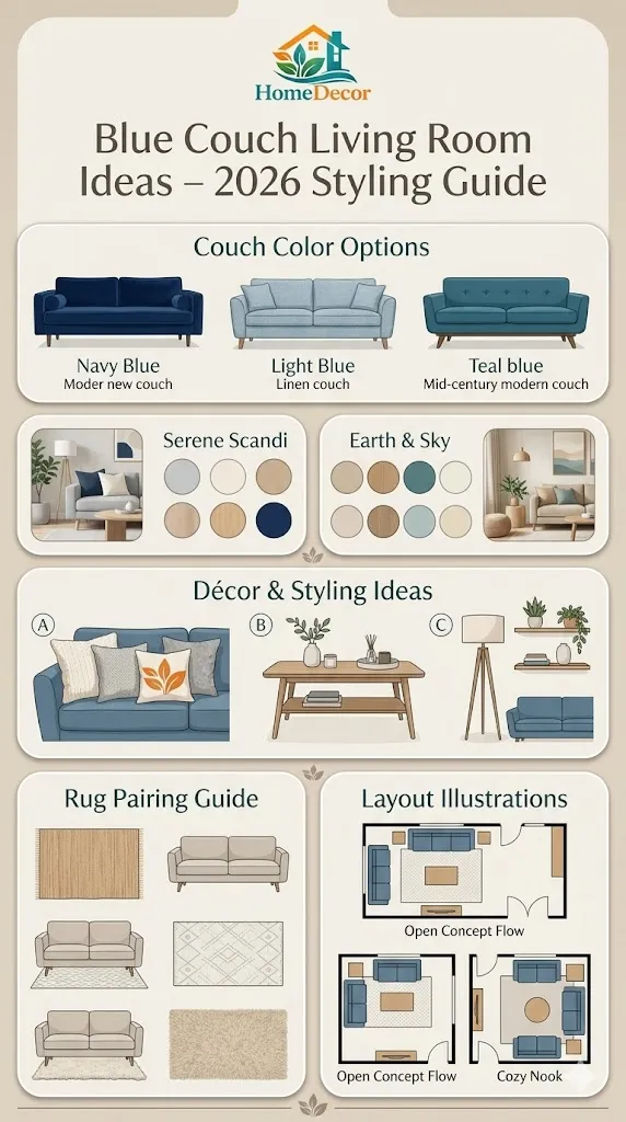 Infographic showing modern blue couch living room ideas with color palettes, décor tips, rug combinations, and 2026 interior styling trends.
