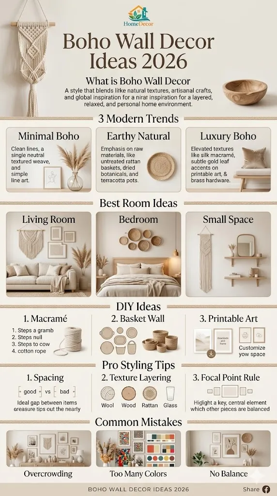 Boho wall decor ideas 2026 infographic featuring modern minimalist bohemian wall styling, DIY ideas, and trendy living room and bedroom design inspiration.
