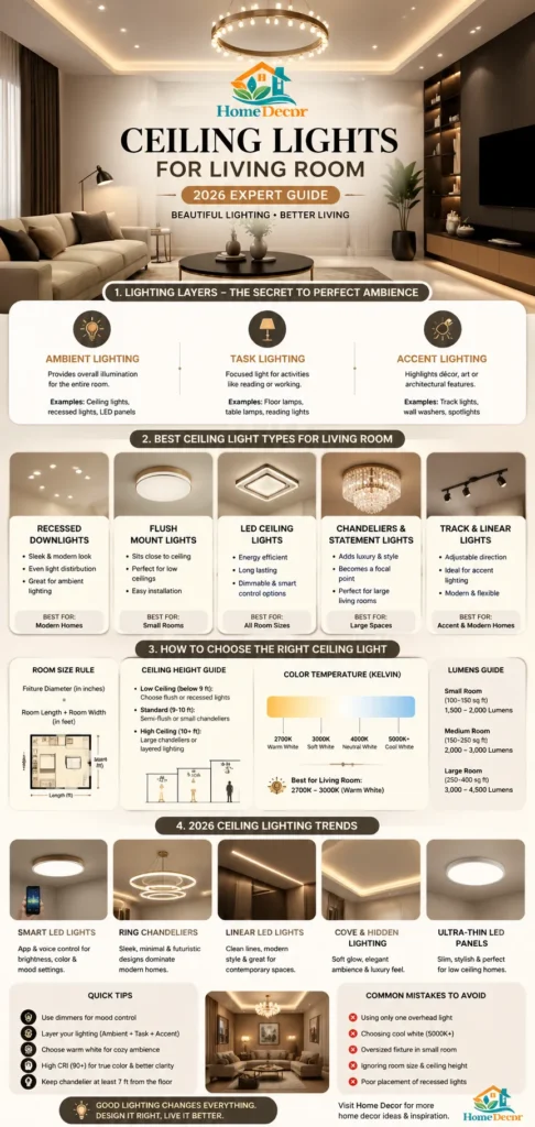 “Modern living room ceiling lights infographic showing lighting layers, best fixture types, room-size tips, and 2026 lighting trends in a warm neutral interior.”

