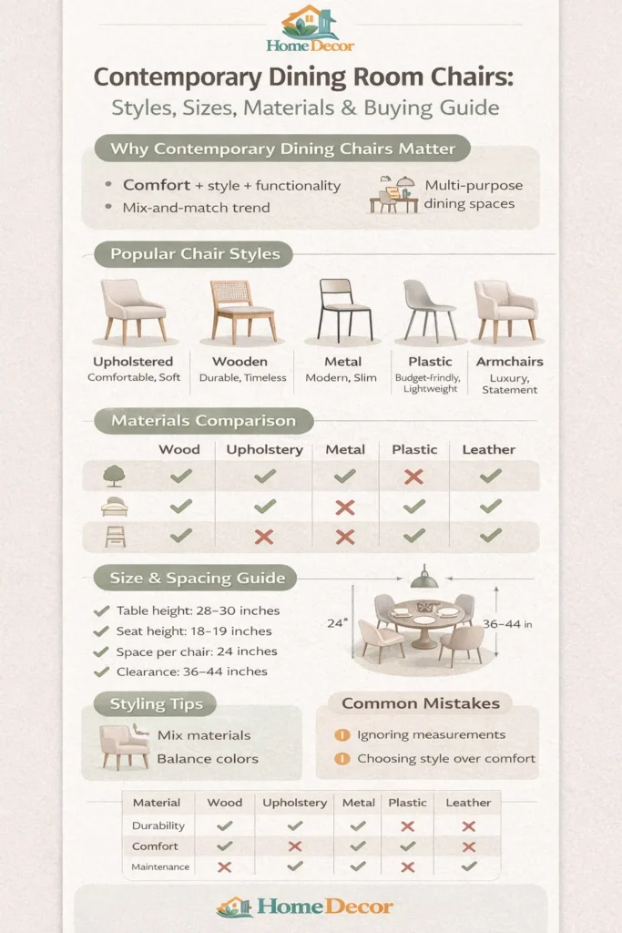 “Contemporary dining room chairs infographic showing styles, materials, sizes, spacing guide, and modern dining room design tips.”