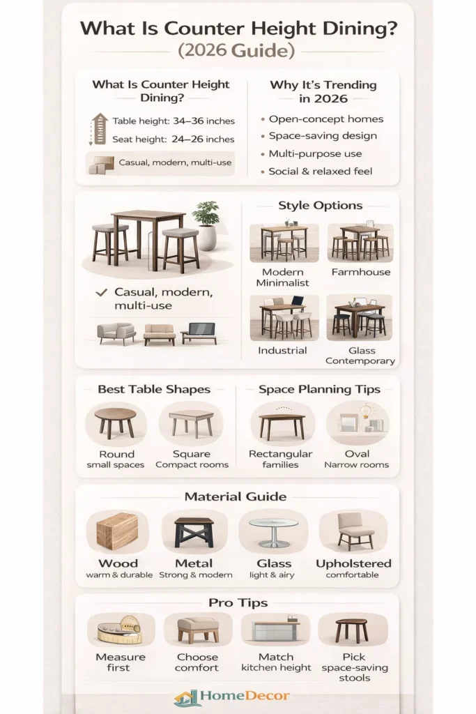 Counter height dining room sets infographic showing sizes, styles, layout tips, materials, and space-saving ideas for modern homes in 2026.