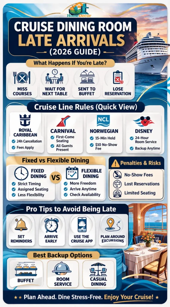 Cruise dining room late arrivals infographic showing rules, penalties, cruise line policies, and tips to avoid missing dinner on Royal Caribbean, Carnival, Norwegian, and Disney cruises.