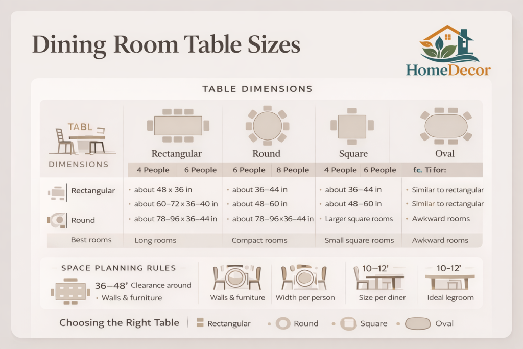“Infographic showing standard dining room table sizes, seating capacity chart, and space-planning guidelines for rectangular, round, square, and oval tables.”