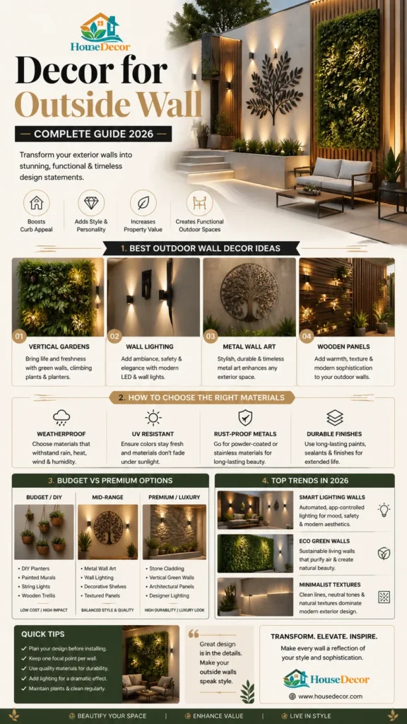 Decor for outside wall ideas infographic showing modern exterior design, vertical garden walls, outdoor lighting, and stylish wall decoration trends for 2026.
